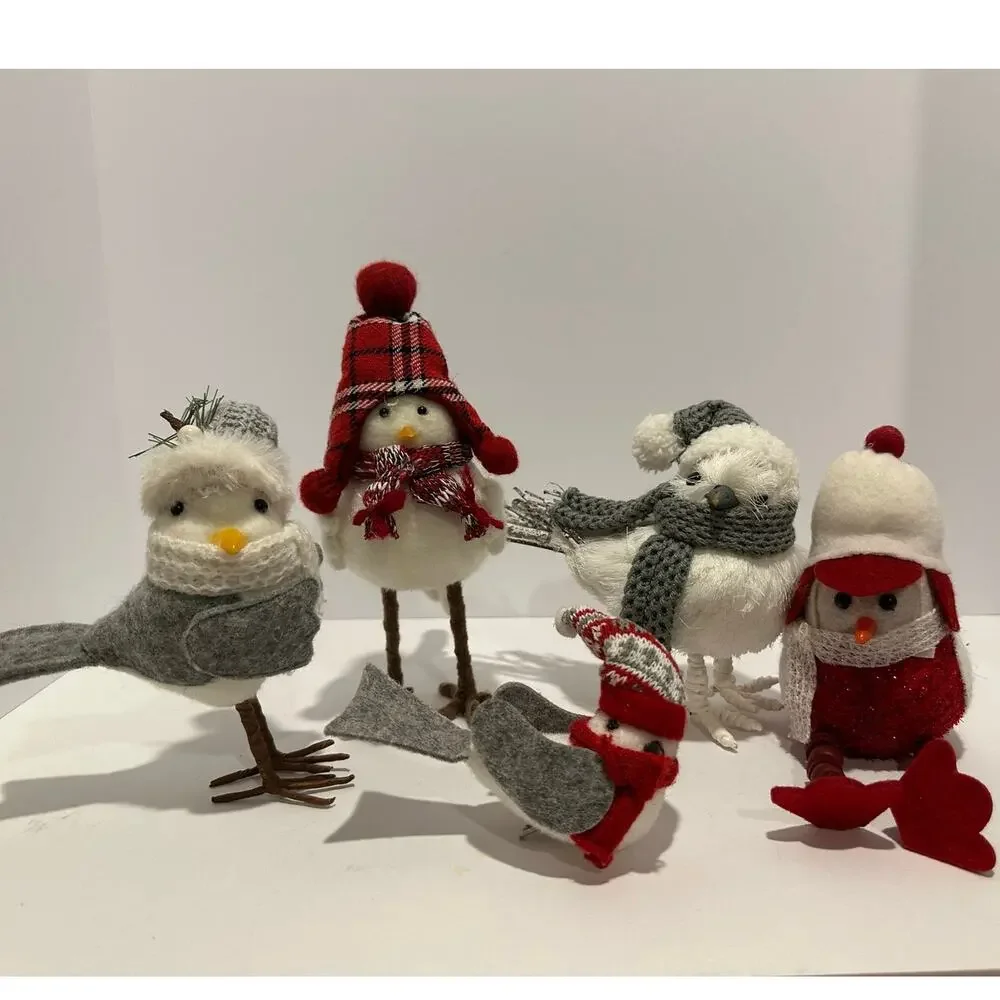 5 Winter Christmas Holiday birds tabletop decor  Red and White